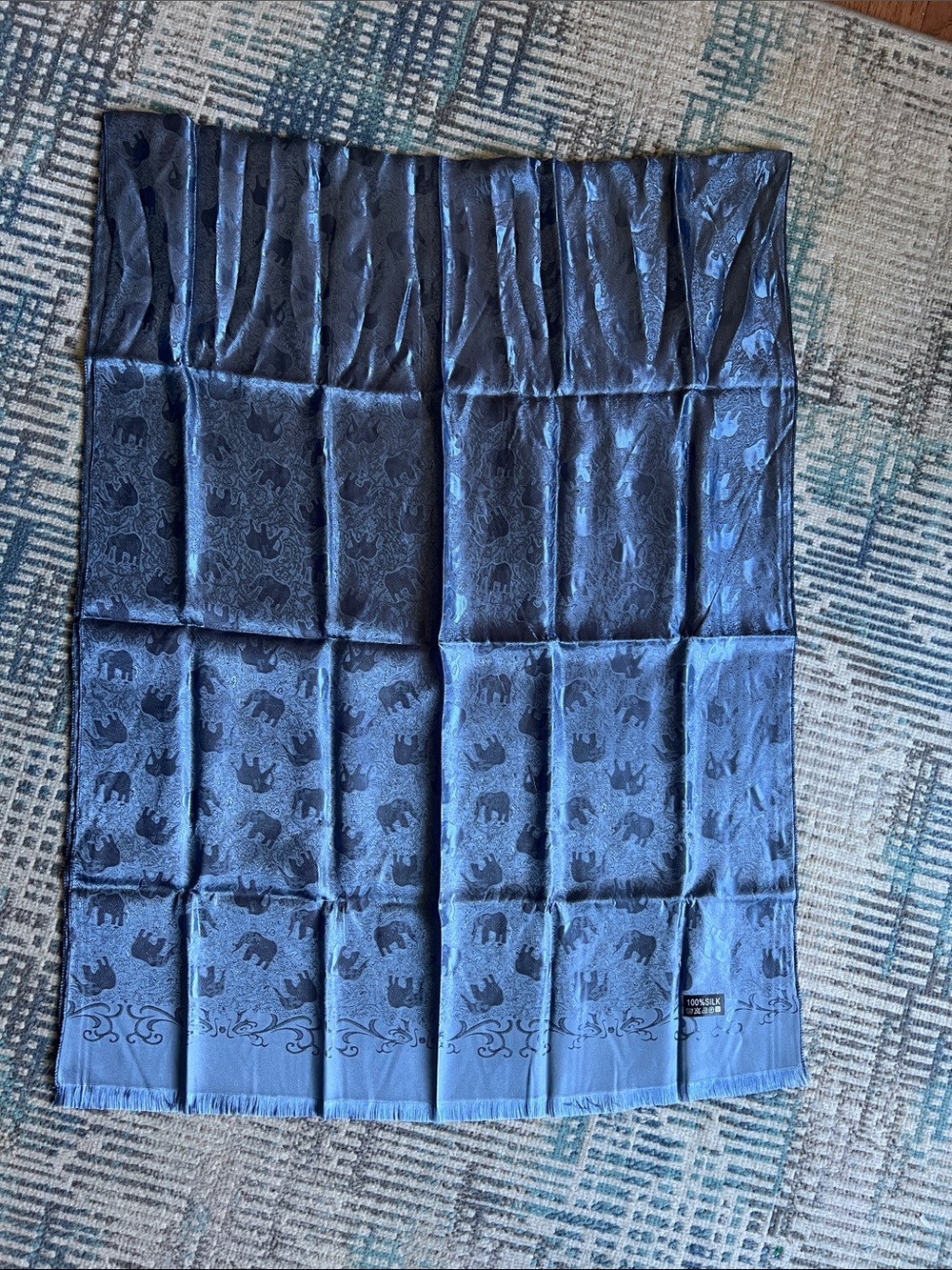 100% Silk Elephant Scarf Oversized Blue Jacquard Paisley Shawl Wrap Boho 72x26